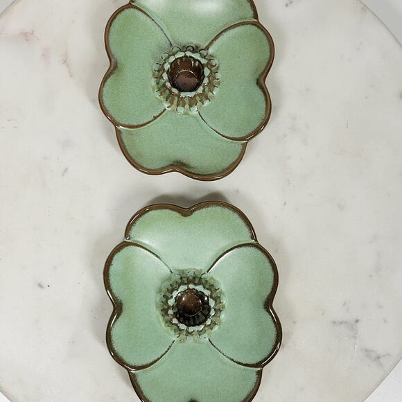 VTG Frankoma Dogwood Blossom Candlestick Holders 5" Green‎ Tapered Candle 300 - Picture 7 of 16